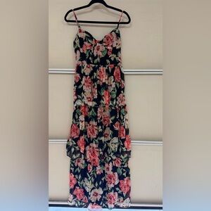 Crystal Doll Sweetheart Neck-line Tiered Tropical Floral Maxi Dress Sz 9